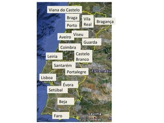 Beja Faro Castelo Branco Portalegre Guarda Bragança Vila Real Viana do Castelo Santarém Setúbal Évora Coimbra Aveiro Porto Viseu Leiria Braga Lisboa 