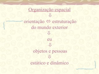 Organização espacial     orientação    estruturação do mundo exterior    eu     objetos e pessoas      estático e dinâmico 