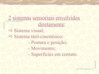 2   sistemas   sensoriais   envolvidos   diretamente :   Sistema visual;   Sistema tátil-cinestésico: - Postura e posição; - Movimento; - Superfícies em contato. 