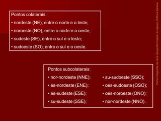 Parte
integrante
da
obra
Geografia
homem
&
espaço,
Editora
Saraiva
Pontos colaterais:
• nordeste (NE), entre o norte e o leste;
• noroeste (NO), entre o norte e o oeste;
• sudeste (SE), entre o sul e o leste;
• sudoeste (SO), entre o sul e o oeste.
Pontos subcolaterais:
• nor-nordeste (NNE);
• és-nordeste (ENE);
• és-sudeste (ESE);
• su-sudeste (SSE);
• su-sudoeste (SSO);
• oés-sudoeste (OSO);
• oés-noroeste (ONO);
• nor-nordeste (NNO).
 
