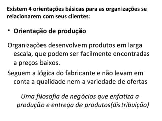 Existem 4 orientações básicas para as organizações se relacionarem com seus clientes : Orientação de produção Organizações desenvolvem produtos em larga escala, que podem ser facilmente encontradas a preços baixos.  Seguem a lógica do fabricante e não levam em conta a qualidade nem a variedade de ofertas Uma filosofia de negócios que enfatiza a produção e entrega de produtos(distribuição) 