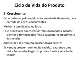 2-  Crescimento Caracteriza-se pelo rápido crescimento de demanda, pela entrada de novos concorrentes. Melhoria significativa no lucro Fase necessária em construir relacionamentos, manter clientes e fornecedores fiéis e sustentar o crescimento das vendas Aumentar a distribuição, buscar novos clientes As vendas crescem com muita rapidez, causando uma redução na relação gastos promocionais x receita de vendas Ciclo de Vida do Produto 