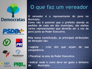 O que faz um vereador
O vereador é o representante do povo no
Município.
Como não é possível que o prefeito atenda os
pedidos de cada um dos munícipes, são eleitos
vários representantes que deverão ser a voz do
povo junto ao Poder Executivo.

Pela nossa constituição, as principais atribuições
do Vereador são:

• Legislar – criar    leis   que   sejam   de   sua
competência.

• Fiscalizar os atos do Poder Executivo.

• Indicar onde e como deve ser gasto o dinheiro
do       Município.
 