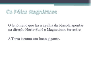 O fenómeno que faz a agulha da bússola apontar
na direção Norte-Sul é o Magnetismo terrestre.

A Terra é como um íman gigante.
 