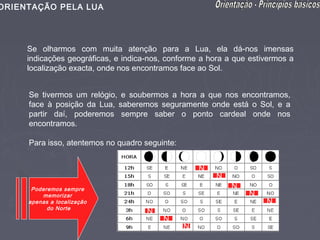 ORIENTAÇÃO PELA LUA




     Se olharmos com muita atenção para a Lua, ela dá-nos imensas
     indicações geográficas, e indica-nos, conforme a hora a que estivermos a
     localização exacta, onde nos encontramos face ao Sol.


     Se tivermos um relógio, e soubermos a hora a que nos encontramos,
     face à posição da Lua, saberemos seguramente onde está o Sol, e a
     partir daí, poderemos sempre saber o ponto cardeal onde nos
     encontramos.

     Para isso, atentemos no quadro seguinte:


                                                    N
                                                        N
      Poderemos sempre                                      N
         memorizar                                              N
     apenas a localização                                            N
           do Norte
                                     N
                                         N
                                                N
 