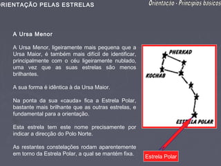 ORIENTAÇÃO PELAS ESTRELAS




    A Ursa Menor

    A Ursa Menor, ligeiramente mais pequena que a
    Ursa Maior, é também mais difícil de identificar,
    principalmente com o céu ligeiramente nublado,
    uma vez que as suas estrelas são menos
    brilhantes.

    A sua forma é idêntica à da Ursa Maior.

    Na ponta da sua «cauda» fica a Estrela Polar,
    bastante mais brilhante que as outras estrelas, e
    fundamental para a orientação.

    Esta estrela tem este nome precisamente por
    indicar a direcção do Polo Norte.

    As restantes constelações rodam aparentemente
    em torno da Estrela Polar, a qual se mantém fixa.
                                                        Estrela Polar
 