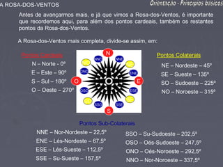 A ROSA-DOS-VENTOS
     Antes de avançarmos mais, e já que vimos a Rosa-dos-Ventos, é importante
     que recordemos aqui, para além dos pontos cardeais, também os restantes
     pontos da Rosa-dos-Ventos.

     A Rosa-dos-Ventos mais completa, divide-se assim, em:

      Pontos Cardeais                        N                    Pontos Colaterais
                                       NNO       NNE
          N – Norte - 0º         NO                    NE           NE – Nordeste – 45º
          E – Este – 90º         ONO                    ENE        SE – Sueste – 135º
          S – Sul – 180º     O                              E      SO – Sudoeste – 225º
          O – Oeste – 270º       OSO                    ESE         NO – Noroeste – 315º
                                  SO                   SE
                                       SSO       SSE
                                             S

                                 Pontos Sub-Colaterais
            NNE – Nor-Nordeste – 22,5º                 SSO – Su-Sudoeste – 202,5º
           ENE – Lés-Nordeste – 67,5º                  OSO – Oés-Sudoeste – 247,5º
           ESE – Lés-Sueste – 112,5º                   ONO – Oés-Noroeste – 292,5º
           SSE – Su-Sueste – 157,5º                    NNO – Nor-Noroeste – 337,5º
 