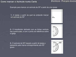 Como marcar o Azimute numa Carta

        Exemplo para marcar um azimute de 55º a partir de uma Igreja



        1- A Igreja, a partir da qual se pretende marcar
        um azimute de 55º




        2- O transferidor alinhado com as linhas verticais
        das quadrículas, e com o ponto de referência sobre
        a igreja.




        3- O azimute de 55º traçado a partir da Igreja e
        passando pela marca correspondente aos 55º
        graus.
 