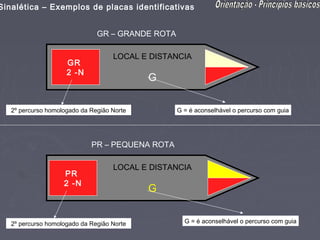 Sinalética – Exemplos de placas identificativas


                               GR – GRANDE ROTA

                                    LOCAL E DISTANCIA
                     GR
                     2 -N
                                            G

   2º percurso homologado da Região Norte         G = é aconselhável o percurso com guia




                             PR – PEQUENA ROTA

                                    LOCAL E DISTANCIA
                    PR
                    2 -N
                                            G


   2º percurso homologado da Região Norte           G = é aconselhável o percurso com guia
 