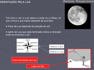 ORIENTAÇÃO PELA LUA




   Tal como o sol, a Lua nasce a Leste (ou a Este), só
   que a hora a que nasce depende da sua fase.

   A Fase da Lua depende da posição do sol.

   A parte da Lua que está iluminada indica a direcção
   onde se encontra o sol.




                                              Nasce o Sol

                                            Nasce a Lua


         Face iluminada da Lua

                          Lado do Sol
 