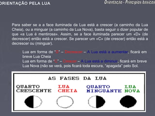 ORIENTAÇÃO PELA LUA




    Para saber se a a face iluminada da Lua está a crescer (a caminho da Lua
    Cheia), ou a minguar (a caminho da Lua Nova), basta seguir o dizer popular de
    que «a Lua é mentirosa». Assim, se a face iluminada parecer um «D» (de
    decrescer) então está a crescer. Se parecer um «C» (de crescer) então está a
    decrescer ou (minguar).

          Lua em forma de “D” – Decrescer – A Lua está a aumentar, ficará em
          breve Lua Cheia
          Lua em forma de “C” – Crescer – A Lua está a diminuir, ficará em breve
          Lua Nova (não se verá, pois ficará toda escura, “apagada” pelo Sol.
 