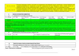 Executar manutenção corretiva e preventiva nos equipamentos móveisRegular motores, transmissões e sistemas hidráulicos dos
   29/03/1982 a 01/06/1983      equipamentosSubstituir de componentes ou peças dos equipamentos tais como: Mangueiras, cardans, cruzetas, motores, etc.;
                                Substituir de filtros de óleos lubrificantesLimpar e organizar do local de trabalho- Auxiliar na manutenção de pneus.
                                Executar manutenção corretiva e preventiva nos equipamentos móveisRegular motores, transmissões e sistemas hidráulicos dos
   12/05/1986 a 30/04/1989      equipamentosSubstituir de componentes ou peças dos equipamentos tais como: Mangueiras, cardans, cruzetas, motores, etc.;
                                Substituir de filtros de óleos lubrificantesLimpar e organizar do local de trabalho- Auxiliar na manutenção de pneus.

         II          SEÇÃO DE REGISTROS AMBIENTAIS
       15             EXPOSIÇÃO A FATORES DE RISCOS
15.1- Período        15.2- Tipo    15.3- Fator de 15.4Intens./Conc. 15.5-Técnica                                        15.6- EPC                15.7- EPI               15.8- CA EPI
                                   Risco                            Utilizada                                           Eficaz (S/N)             Eficaz (S/N)
   29/03/1982 a
                                F                     Ruído                     86,5            Dosimetria Dosimetria                                                          Vide Obs.
    01/06/1983
15.9 Observações:( Os equipamentos de proteção utilizados na empresa sempre foram de boa qualidade adquiridos de fabricantes idôneos que possuíam certificado de aprovação (C. A.).
( Podemos informar o Nº do C.A. e o fator de proteção dos protetores auriculares, somente dos equipamentos utilizados atualmente e em períodos mais recentes. Para períodos passados, referente
a situações anteriores a Junho de 1997, não tem como dar estas informações. ( Vale a pena destacar que a C.V.R.D. sempre treinou, orientou e cobrou a utilização de EPI´s em locais e momentos
cuja existência e agressividade do agente assim exigia.
     12/05/1986 a
                                 F                      Ruído                    86,5            Dosimetria Dosimetria                                                           Vide Obs.
      30/04/1989
15.9 Observações:( Os equipamentos de proteção utilizados na empresa sempre foram de boa qualidade adquiridos de fabricantes idôneos que possuíam certificado de aprovação (C. A.).
( Podemos informar o Nº do C.A. e o fator de proteção dos protetores auriculares, somente dos equipamentos utilizados atualmente e em períodos mais recentes. Para períodos passados, referente
a situações anteriores a Junho de 1997, não tem como dar estas informações. ( Vale a pena destacar que a C.V.R.D. sempre treinou, orientou e cobrou a utilização de EPI´s em locais e momentos
cuja existência e agressividade do agente assim exigia.
        16           RESPONSÁVEL PELOS REGISTROS AMBIENTAIS
                                                                                                                                        16.4- Nome do Profisssional Legalmente
16.1- Período        16.2- NIT                                                 16.3- Registro Conselho de Classe
                                                                                                                                        Habilitado




          III          SEÇÃO DE RESULTADOS DE MONITORAÇÃO BIOLÓGICA
       17      EXAMES MÉDICOS CLÍNICOS E COMPLEMENTARES (Quadros I e II, da NR-07)
17.1- Data     17.2- Tipo      17.3- Natureza 17.4- Exame (R/S) 17.5- Indicação de Resultados
Nome e Matricula do trabalhador                     Nome do Responsável pela assinatura do PPP
                                                                                                                                                                                     2 de 11

                                            ________________________________________________________________
 