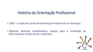 História da Orientação Profissional
• 1902 – criação do Centro de Orientação Profissional em Munique.
• Objetivo: detectar trabalhadores inaptos para a realização de
determinadas tarefas (evitar acidentes).
 