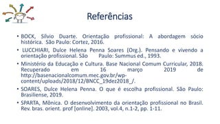Referências
• BOCK, Sílvio Duarte. Orientação profissional: A abordagem sócio
histórica. São Paulo: Cortez, 2016.
• LUCCHIARI, Dulce Helena Penna Soares (Org.). Pensando e vivendo a
orientação profissional. São Paulo: Summus ed., 1993.
• Ministério da Educação e Cultura. Base Nacional Comum Curricular, 2018.
Recuperado em 16 março 2019 de
http://basenacionalcomum.mec.gov.br/wp-
content/uploads/2018/12/BNCC_19dez2018_/.
• SOARES, Dulce Helena Penna. O que é escolha profissional. São Paulo:
Brasiliense, 2019.
• SPARTA, Mônica. O desenvolvimento da orientação profissional no Brasil.
Rev. bras. orient. prof [online]. 2003, vol.4, n.1-2, pp. 1-11.
 