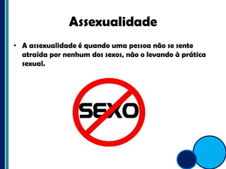 AssexualidadeA assexualidade é quando uma pessoa não se sente atraída por nenhum dos sexos, não o levando à prática sexual.