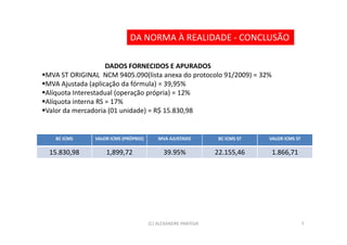 DA NORMA À REALIDADE - CONCLUSÃO

                    DADOS FORNECIDOS E APURADOS
MVA ST ORIGINAL NCM 9405.090(lista anexa do protocolo 91/2009) = 32%
MVA Ajustada (aplicação da fórmula) = 39,95%
Alíquota Interestadual (operação própria) = 12%
Alíquota interna RS = 17%
Valor da mercadoria (01 unidade) = R$ 15.830,98


   BC ICMS    VALOR ICMS (PRÓPRIO)       MVA AJUSTADO         BC ICMS ST   VALOR ICMS ST

 15.830,98        1,899,72                 39.95%            22.155,46      1.866,71




                                     (C) ALEXANDRE PANTOJA                                 7
 