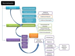 Normalización

        Elemento de
        competencia          Criterio de desempeño

                               Rango de aplicación                   Evidencia
                                                                   Conocimiento
                              Evidencia Requerida            Evidencia Producto
                                 Conocimiento y
                                 comprensiones               Evidencia Desempeño
                                   esenciales

                                                             Conocimiento de
       Diseño Curricular     Resultado aprendizaje
                                                                procesos
                                                             Conocimiento de
                                                           conceptos y principios

                                                           Criterio de evaluación
                                           Ejecución de
                                           la formación
                             Fase 1         profesional                   Introducción

     Proyecto de formación   Fase 2                   Guías de
                                                     aprendizaje           Objetivos
                             Fase 3
                                                                           Estrategia     Técnicas
                             Fase 4                                       metodológica   didácticas
                                                                                           activas
                                                                          Actividades

                                                                            Criterios
                                                                           evaluación
 