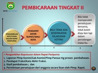 37
PEMBICARAAN TINGKAT II
BILA TIDAK ADA
KESEPAKATAN
DILAKUKAN
VOTING
PENDAPAT
AKHIR
BUPATI/WALI
KOTA
Bila tidak
memperoleh
persetujuan
bersama,
tidak boleh
diaju kan lagi
dalam
persidangan
masa itu.
1 2 3 4
PENGAMBILAN
KEPUTUSAN
DALAM RAPAT
PARIPURNA
• Pengambilan Keputusan dalam Rapat Paripurna
1. Laporan Pimp Komisi/Gab Komisi/Pimp Pansus ttg proses pembahasan.
2. Pendapat Fraksi/Kata Akhir Fraksi.
3. Hasil pembahasan ; dan
4. Permintaan persetujuan dari anggota secara lisan oleh Pimp. Rapat.
BKPSD Prov Sumsel
 