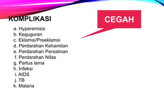 KOMPLIKASI
a. Hyperemisis
b. Keguguran
c. Eklamsi/Preeklamsi
d. Perdarahan Kehamilan
e. Perdarahan Persalinan
f. Perdarahan Nifas
g. Partus lama
h. Infeksi
i. AIDS
j. TB
k. Malaria
CEGAH
 