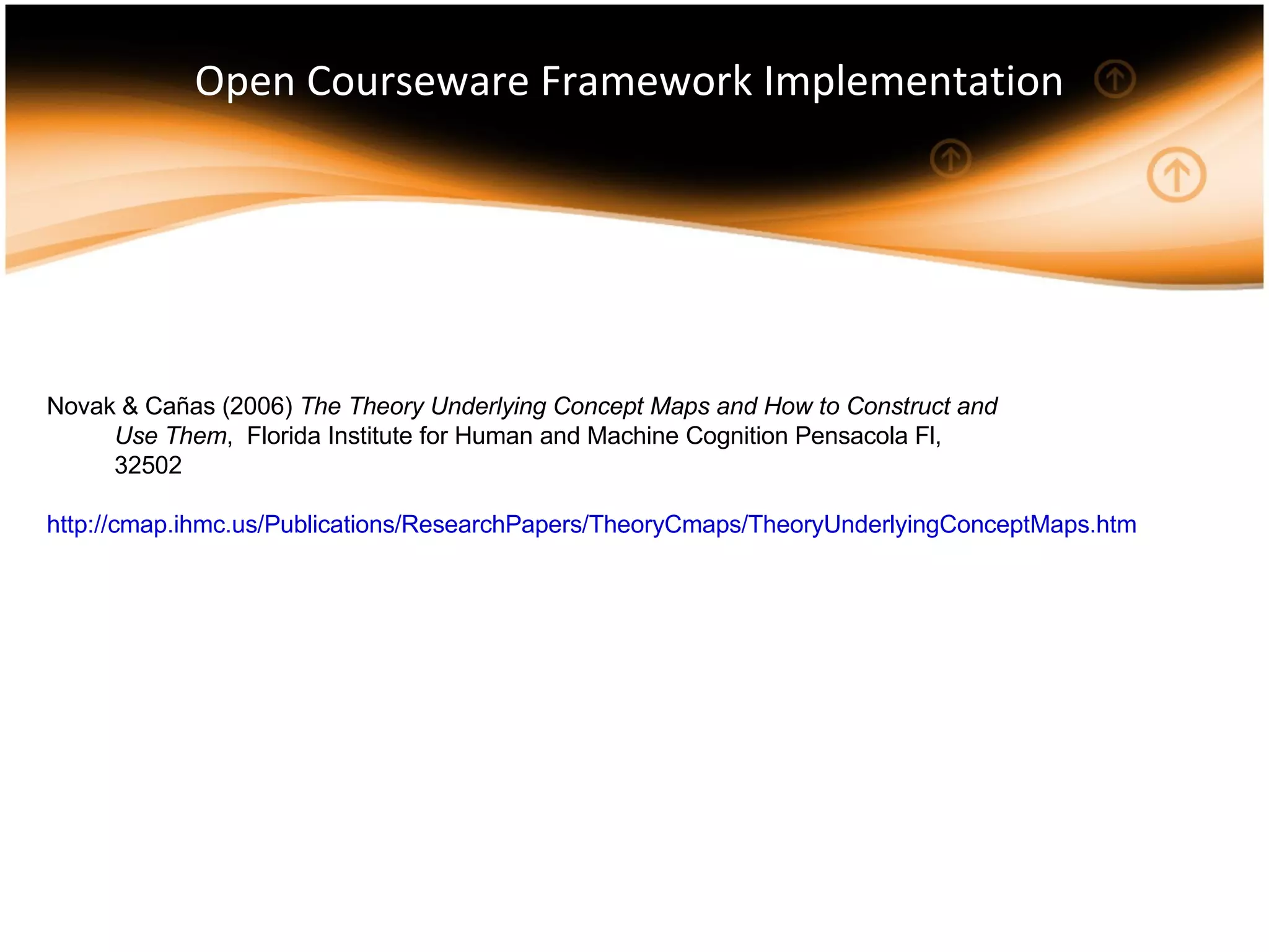 Open Courseware Framework Implementation Novak & Cañas (2006) The Theory Underlying Concept Maps and How to Construct and Use Them , Florida Institute for Human and Machine Cognition Pensacola Fl, 32502 http://cmap.ihmc.us/Publications/ResearchPapers/TheoryCmaps/TheoryUnderlyingConceptMaps.htm