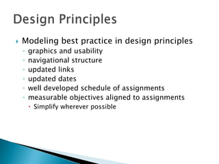 Modeling best practice in design principlesgraphics and usability navigational structure updated linksupdated dates well developed schedule of assignments measurable objectives aligned to assignments Simplify wherever possible Design Principles
