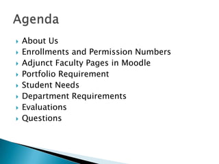 About UsEnrollments and Permission NumbersAdjunct Faculty Pages in MoodlePortfolio RequirementStudent NeedsDepartment RequirementsEvaluationsQuestionsAgenda