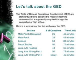 Let’s talk about the GED
The Tests of General Educational Development (GED) are
  standardized tests designed to measure learning
  outcomes that are generally acquired through the
  completion of high school.
Here is a summary of the five sections of the GED:
           Section            # of Questions    Time Limit
 Math Part I (Calculator)           25         45 minutes
 Math Part II                       25         45 minutes
 Science                            50         80 minutes
 Social Studies                     50         70 minutes
 Lang. Arts Reading                 40         65 minutes
 Lang. Arts Writing Part I          50         75 minutes
 Lang. Arts Writing Part II       Essay        45 minutes
 