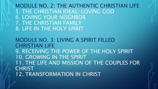 MODULE NO. 2: THE AUTHENTIC CHRISTIAN LIFE
5. THE CHRISTIAN IDEAL: LOVING GOD
6. LOVING YOUR NEIGHBOR
7. THE CHRISTIAN FAM...