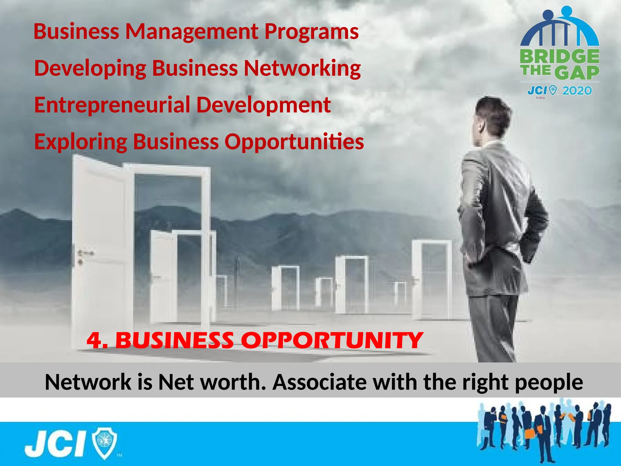 4.
Business Management Programs
Developing Business Networking
Entrepreneurial Development
Exploring Business Opportunities
4. BUSINESS OPPORTUNITY
Network is Net worth. Associate with the right people
 