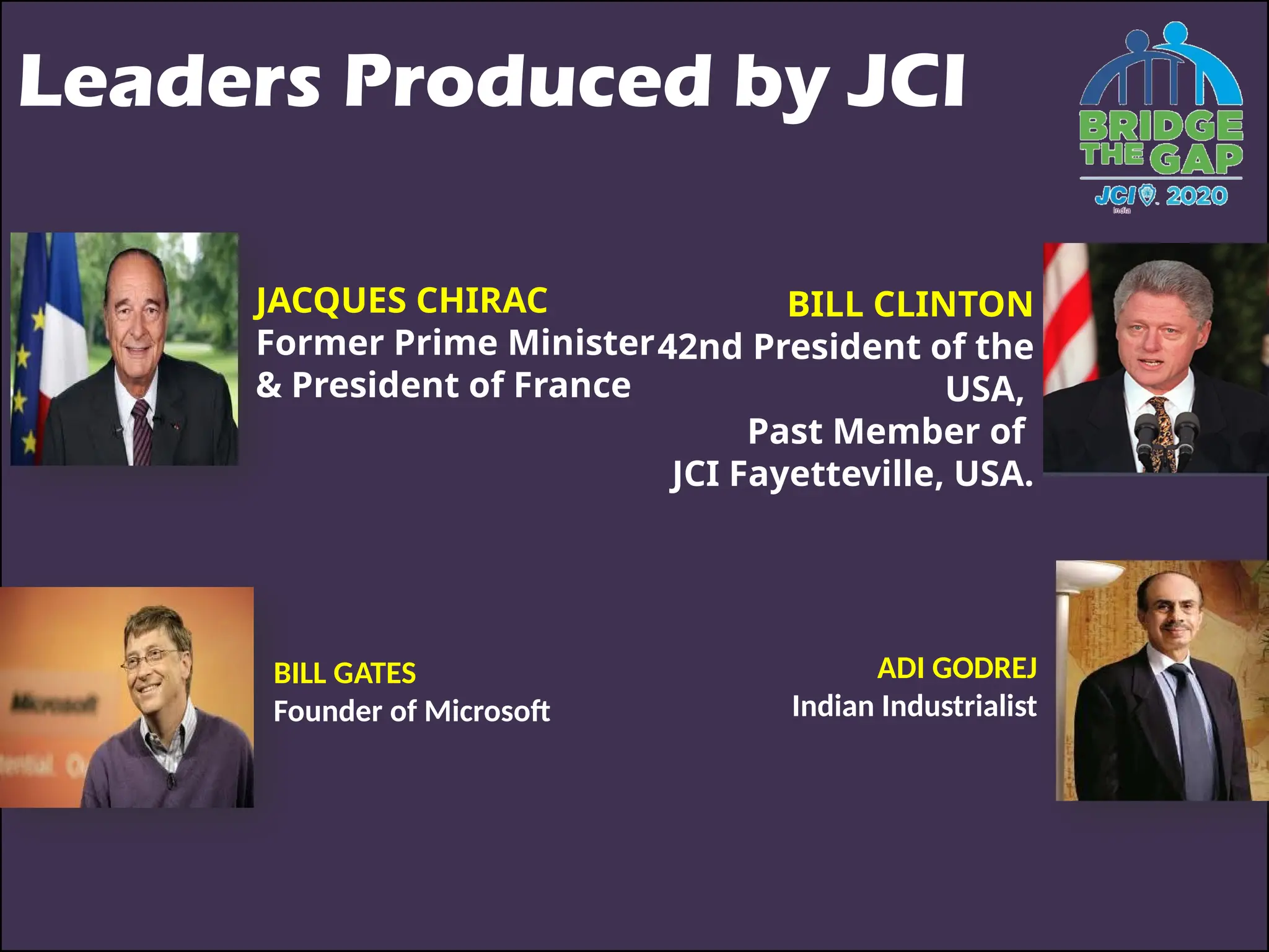 Leaders Produced by JCI
BILL GATES
Founder of Microsoft
ADI GODREJ
Indian Industrialist
JACQUES CHIRAC
Former Prime Minister
& President of France
BILL CLINTON
42nd President of the
USA,
Past Member of
JCI Fayetteville, USA.
 