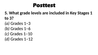 Posttest
5. What grade levels are included in Key Stages 1
to 3?
(a) Grades 1–3
(b) Grades 1–6
(c) Grades 1–10
(d) Grades 1–12
 