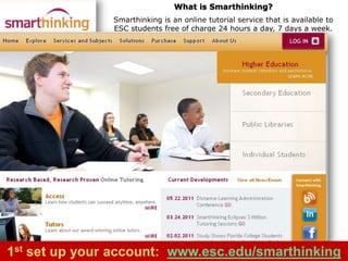 What is Smarthinking?
Smarthinking is an online tutorial service that is available to
ESC students free of charge 24 hours a day, 7 days a week.
1st set up your account:
 
