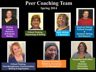 Peer Coaching Team
Spring 2014
American History,
Political Thought
&
Academic Writing
And Research
Writing,
Library
Research
& Graduate
Studies
Math, Writing
& Business
Critical Thinking,
Psychology & Writing
Using Microsoft Office
Suite
Business
Economics
Accounting
Business, Economics,
Statistics, Accounting
& Time Management
Critical Thinking,
Time Management, Communication,
Writing & Organization
 