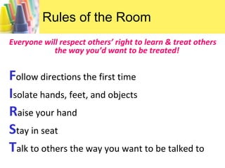 Rules of the RoomEveryone will respect others’ right to learn & treat others the way you’d want to be treated!Follow directions the first timeIsolate hands, feet, and objectsRaise your handStay in seatTalk to others the way you want to be talked to