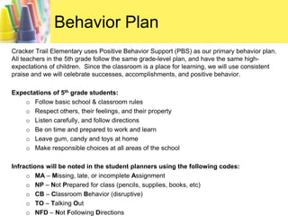 Behavior PlanCracker Trail Elementary uses Positive Behavior Support (PBS) as our primary behavior plan.  All teachers in the 5th grade follow the same grade-level plan, and have the same high-expectations of children.  Since the classroom is a place for learning, we will use consistent praise and we will celebrate successes, accomplishments, and positive behavior.Expectations of 5th grade students:Follow basic school & classroom rules