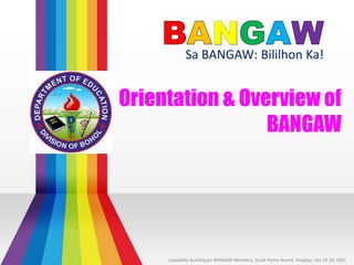 Sa BANGAW: Bililhon Ka!
Capability Building for BANGAW Members, South Palms Resort, Panglao, Oct.18-19, 2021
Orientation & Overview of
BANGAW
 