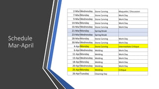 Schedule
Mar-April
2-MarWednesday Stone Carving Maquette / Discussion
7-MarMonday Stone Carving Work Day
9-MarWednesday Stone Carving Work Day
14-MarMonday Stone Carving Work Day
16-MarWednesday Stone Carving Work Day
21-MarMonday Spring Break
23-MarWednesday Spring Break
28-MarMonday Stone Carving Work Day
30-MarWednesday Stone Carving Work Day
4-AprMonday Stone Carving Intermediate Critique
6-AprWednesday Welding Work Day
11-AprMonday Welding Work Day
13-AprWednesday Welding Work Day
18-AprMonday Welding Work Day
20-AprWednesday Welding Work Day
25-AprMonday Welding Critique
26-AprTuesday Cleaning Day
 