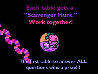 Each table gets a
 “Scavenger Hunt.”
   Work together!




The first table to answer ALL
  questions wins a prize!!!
 