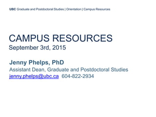 CAMPUS RESOURCES
September 3rd, 2015
Jenny Phelps, PhD
Assistant Dean, Graduate and Postdoctoral Studies
jenny.phelps@ubc.ca 604-822-2934
UBC Graduate and Postdoctoral Studies | Orientation | Campus Resources
 