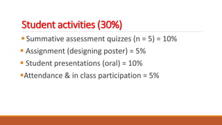 Student activities (30%)
 Summative assessment quizzes (n = 5) = 10%
 Assignment (designing poster) = 5%
 Student presentations (oral) = 10%
Attendance & in class participation = 5%
 