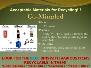 Glass  All colors  Plastics  Only  #1 (PETE, such as drink bottles) and #2 (HDPE, such as milk jugs) are accepted,  Metal cans  Aluminum, steel, aerosol and paint cans accepted  Acceptable Materials for Recycling!!! LOOK FOR THE  BLUE  BINS WITH VARIOUS ITEMS RECYCLABLE IN THEM!  “ ALUMINUM ONLY”, “STEEL ONLY”, “GLASS ONLY”, “PLASTIC ONLY” 