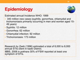Epidemiology
35
Estimated annual Incidence WHO: 1999
 340 million new cases (syphilis, gonorrhea, chlamydial and
trichomoniasis primarily occurring in men and women aged 15-
49 years)
 Syphilis: 12 million
 Gonorrhea: 62 million
 Chlamydial infection: 92 million
 Trichomoniasis: 173 million
Research by Zeeb (1996) estimated a total of 6,000 to 8,000
annual STIs client in kaski District.
IBBS, 2008 in pokhara 30% of FSW reported at least one
symptom of STIs.
 