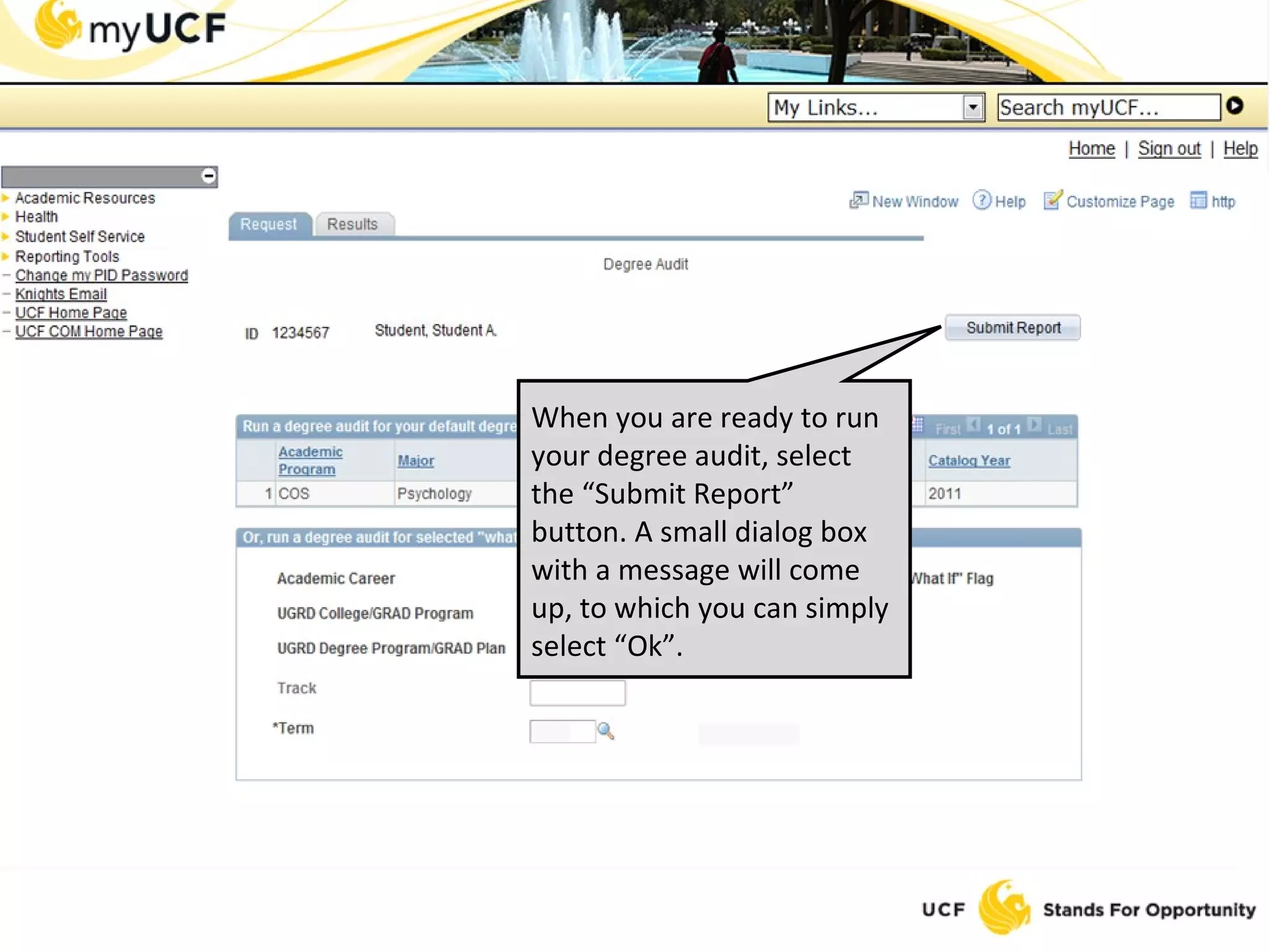 When you are ready to run your degree audit, select the “Submit Report” button. A small dialog box with a message will come up, to which you can simply select “Ok”. 