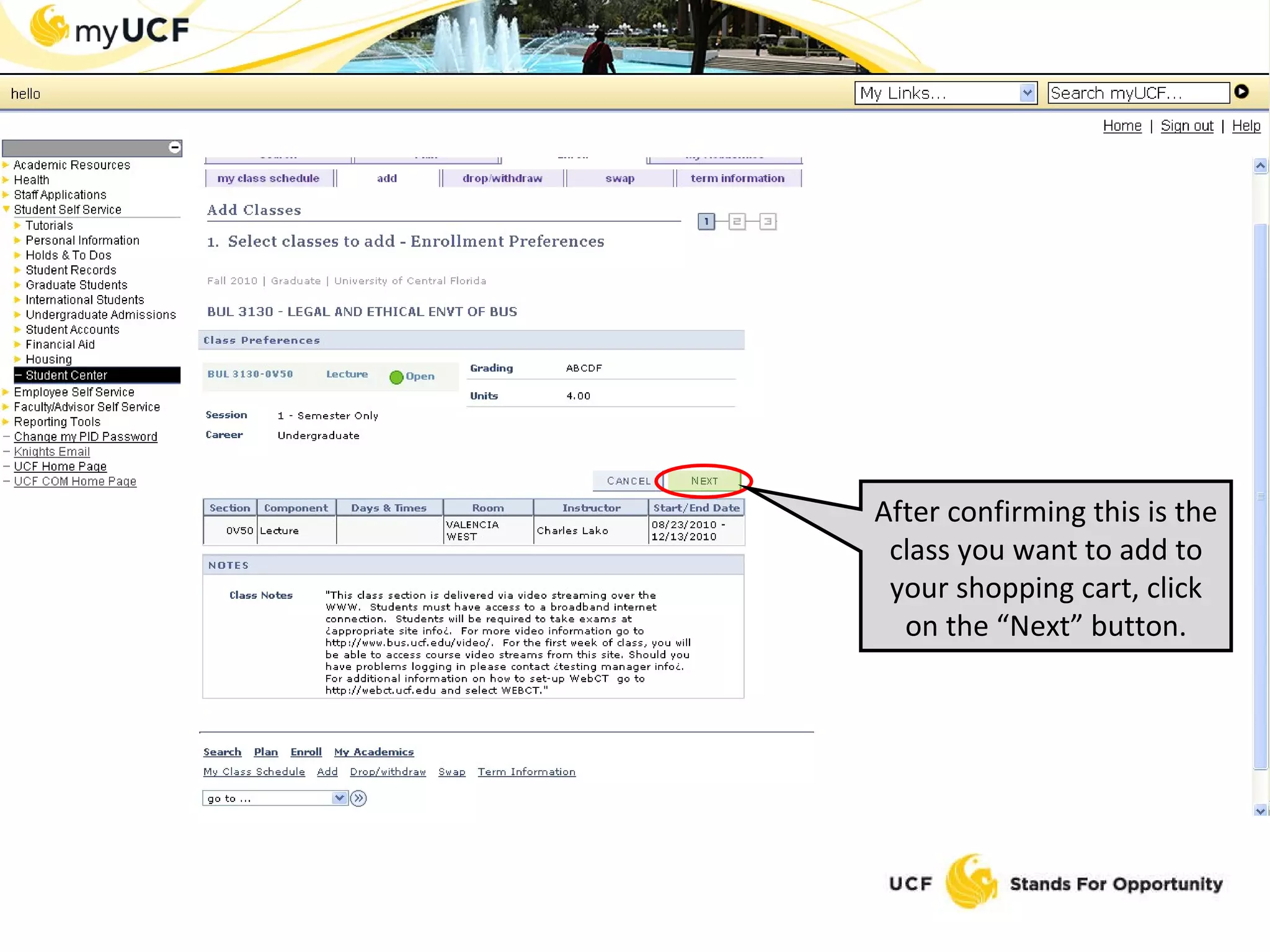 After confirming this is the class you want to add to your shopping cart, click on the “Next” button. 