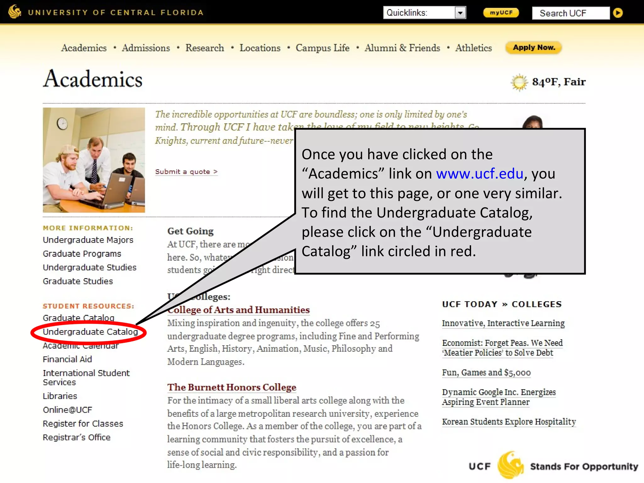 Once you have clicked on the “Academics” link on  www.ucf.edu , you will get to this page, or one very similar. To find the Undergraduate Catalog, please click on the “Undergraduate Catalog” link circled in red. 