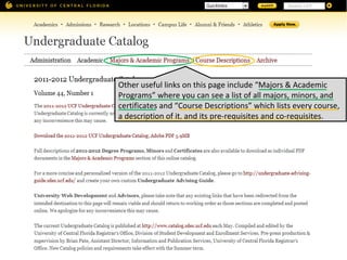Other useful links on this page include “Majors & Academic Programs” where you can see a list of all majors, minors, and certificates and “Course Descriptions” which lists every course, a description of it, and its pre-requisites and co-requisites. 