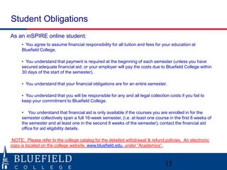 Student Obligations
As an inSPIRE online student:
• You agree to assume financial responsibility for all tuition and fees for your education at
Bluefield College.
• You understand that payment is required at the beginning of each semester (unless you have
secured adequate financial aid, or your employer will pay the costs due to Bluefield College within
30 days of the start of the semester).
• You understand that your financial obligations are for an entire semester.
• You understand that you will be responsible for any and all legal collection costs if you fail to
keep your commitment to Bluefield College.
• You understand that financial aid is only available if the courses you are enrolled in for the
semester collectively span a full 16-week semester, (i.e. at least one course in the first 8 weeks of
the semester and at least one in the second 8 weeks of the semester); contact the financial aid
office for aid eligibility details.
NOTE: Please refer to the college catalog for the detailed withdrawal & refund policies. An electronic
copy is located on the college website, www.bluefield.edu, under “Academics”.

15

 