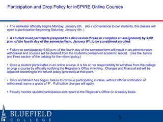 Participation and Drop Policy for inSPIRE Online Courses

• The semester officially begins Monday, January 6th. (As a convenience to our students, the classes will
open to participation beginning Saturday, January 4th. )
• A student must participate (respond to a discussion thread or complete an assignment) by 9:00
p.m. of the fourth day of the semester/term, January 9th, to be considered enrolled.
• Failure to participate by 9:00 p.m. of the fourth day of the semester/term will result in an administrative
withdrawal and courses will be deleted from the student‟s permanent academic record. (See the Tuition
and Fees section of the catalog for the refund policy.)
• Once a student participates in an online course, it is his or her responsibility to withdraw from the college
or drop a course by officially notifying the Registrar‟s Office in writing. Charges and financial aid will be
adjusted according to the refund policy (prorated) at that point.

• Once enrollment has begun, failure to continue participating in class, without official notification of
withdrawal, earns a grade of „F‟. Full tuition charges will apply.
• Faculty monitor student participation and report to the Registrar‟s Office on a weekly basis.

5

 