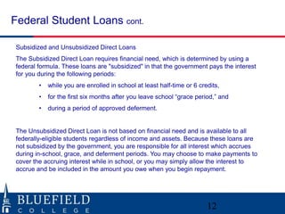 Federal Student Loans cont. 
Subsidized and Unsubsidized Direct Loans 
The Subsidized Direct Loan requires financial need, which is determined by using a 
federal formula. These loans are "subsidized" in that the government pays the interest 
for you during the following periods: 
• while you are enrolled in school at least half-time or 6 credits, 
• for the first six months after you leave school “grace period,” and 
• during a period of approved deferment. 
The Unsubsidized Direct Loan is not based on financial need and is available to all 
federally-eligible students regardless of income and assets. Because these loans are 
not subsidized by the government, you are responsible for all interest which accrues 
during in-school, grace, and deferment periods. You may choose to make payments to 
cover the accruing interest while in school, or you may simply allow the interest to 
accrue and be included in the amount you owe when you begin repayment. 
12 
 