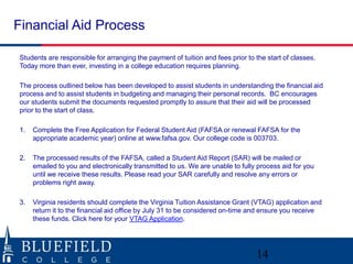 Financial Aid Process 
Students are responsible for arranging the payment of tuition and fees prior to the start of classes. 
Today more than ever, investing in a college education requires planning. 
The process outlined below has been developed to assist students in understanding the financial aid 
process and to assist students in budgeting and managing their personal records. BC encourages 
our students submit the documents requested promptly to assure that their aid will be processed 
prior to the start of class. 
1. Complete the Free Application for Federal Student Aid (FAFSA or renewal FAFSA for the 
appropriate academic year) online at www.fafsa.gov. Our college code is 003703. 
2. The processed results of the FAFSA, called a Student Aid Report (SAR) will be mailed or 
emailed to you and electronically transmitted to us. We are unable to fully process aid for you 
until we receive these results. Please read your SAR carefully and resolve any errors or 
problems right away. 
3. Virginia residents should complete the Virginia Tuition Assistance Grant (VTAG) application and 
return it to the financial aid office by July 31 to be considered on-time and ensure you receive 
these funds. Click here for your VTAG Application. 
14 
 